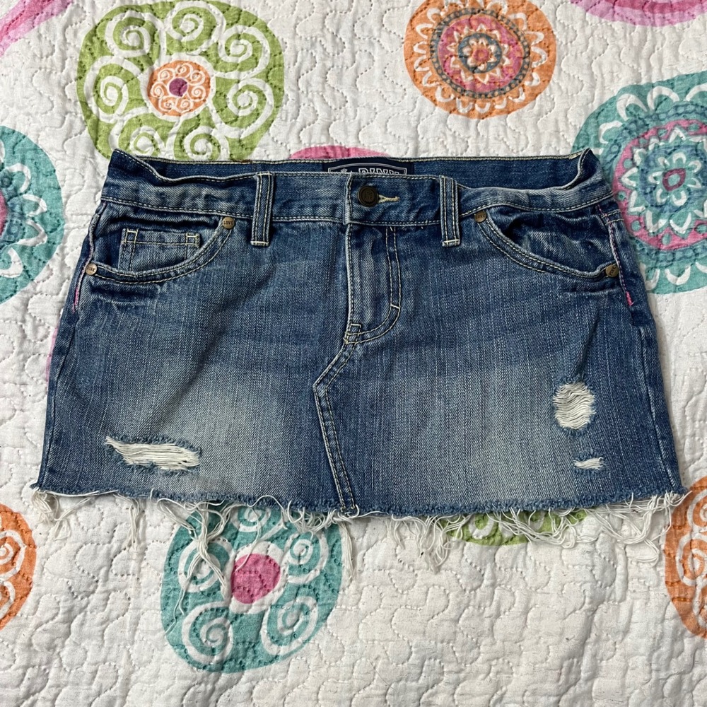 PINK Victoria's Secret Denim Micro Mini Skirt Distressed Frayed Hem Blue Size 0
